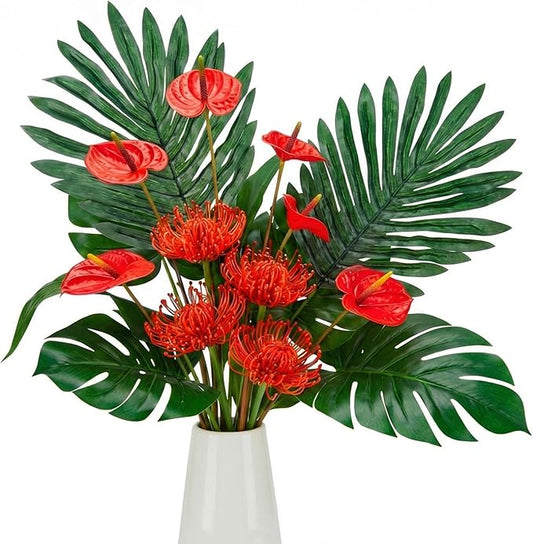 Hotop 36 Pcs Artificial Tropical Flowers for Summer Party Centerpieces Fake Floral Decor Set with Leucospermum Pincushion Flowers Anthurium & Tropical Leaves (Monstera/Palm) for Table Centerpieces