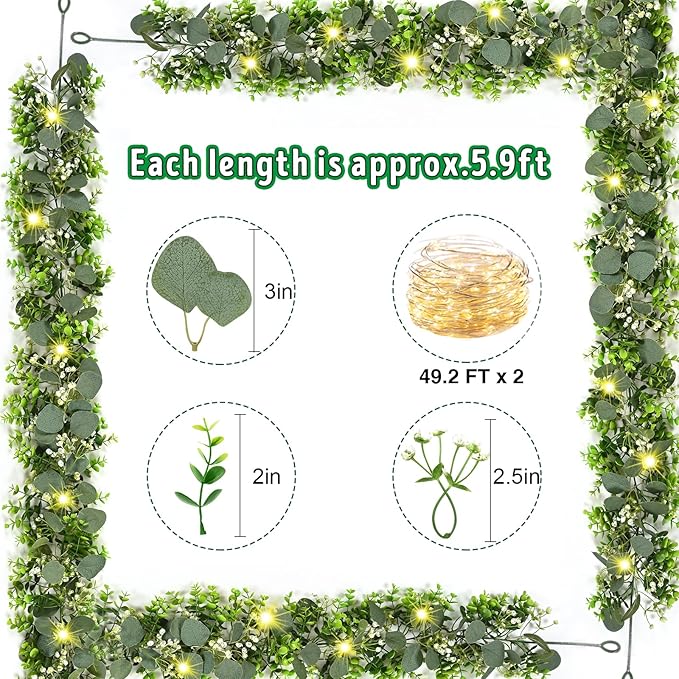 8Pcs Eucalyptus Garland with Lights, Greenery Garland, Green Garland with Flowers, 5.9FT Artificial Faux Eucalyptus Leaves Vines for Table Mantle Home Wedding Party Indoor Outdoor Decor（2 Long Lights）