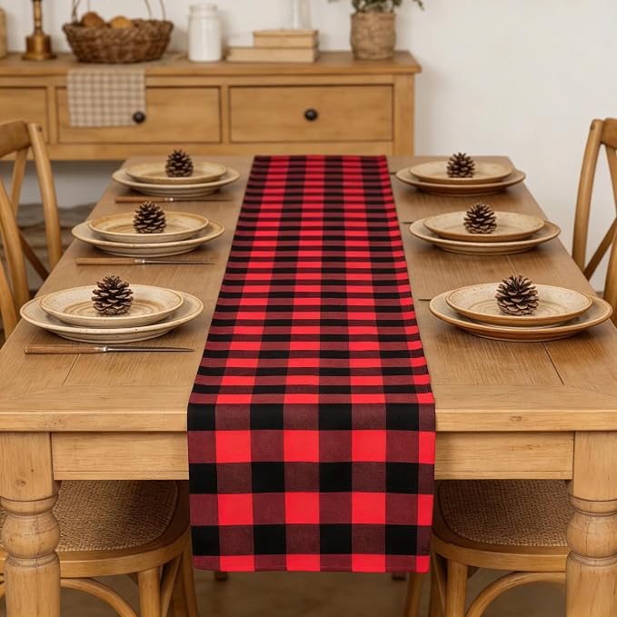 ShinyBeauty Red Black Table Runner 13X108-Inch Checked Runner for Table Christmas Decor Cotton Fabric Linen for Party/Dining Tables Farmhouse Buffalo Plaid Table Cover