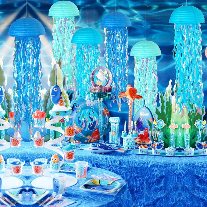 10" Jellyfish Paper Lanterns Lamps - Gradient Blue Under the Sea Party Decorations for Mermaid Theme Birthday, Beach Baby Shower, Pre-Assembled Classroom & Ocean Decor, 6 PCS