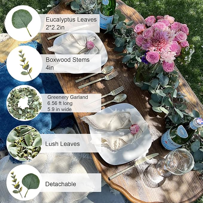 Ouddy Decor Eucalyptus Garland 6.56 Ft Lush Silver Dollar Leaves Boxwood Artificial Faux Greenery Vines for Baby Shower Wedding Party Table Runner Room Home Mantle Decor