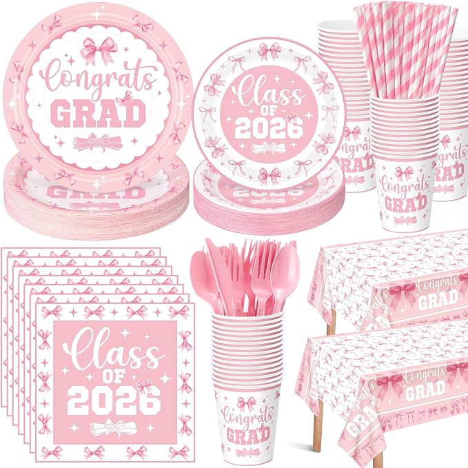 LemonRoad 452 Pcs 2026 Pink Bow Graduation Decoration for 50, Pink and White Grad Paper Plates Napkins Cups Tablecloth Cutlery Straw Coquette Disposable Tableware for Freshly Graduated Party Supplies