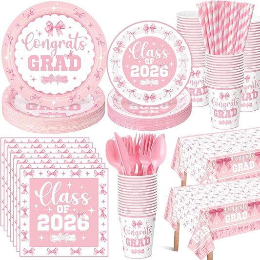 LemonRoad 452 Pcs 2026 Pink Bow Graduation Decoration for 50, Pink and White Grad Paper Plates Napkins Cups Tablecloth Cutlery Straw Coquette Disposable Tableware for Freshly Graduated Party Supplies