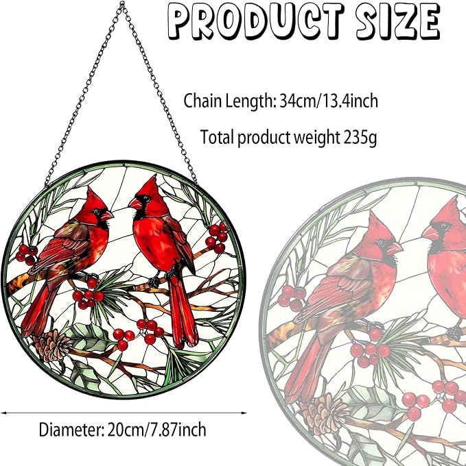 Cardinal Sun Catcher Stained Glass Window Hanging Cardinal Decor Lovers Gifts for Women Handmade Sun Catcher Decoration for Garden Home Housewarming Gifts