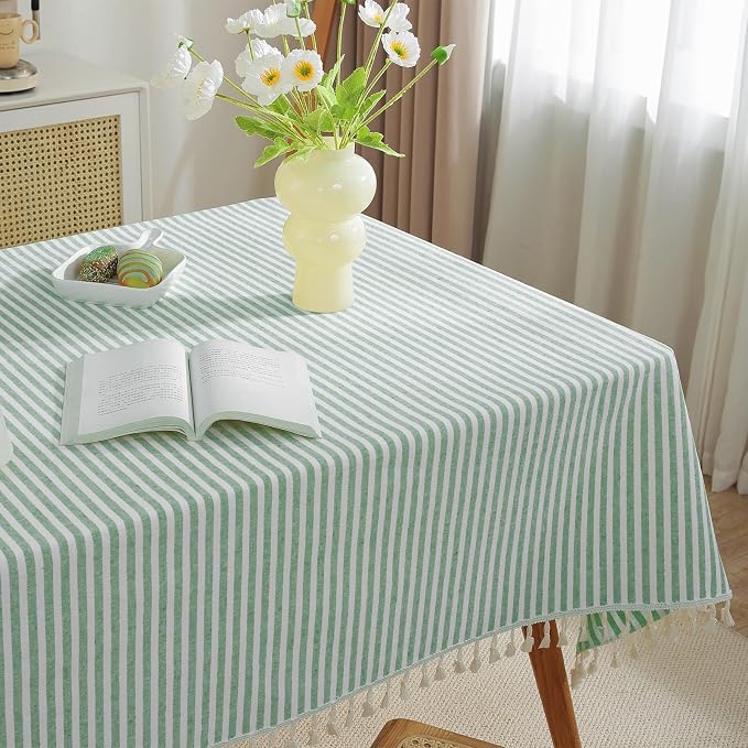 meioro Striped Tablecloth Rectangle Tablecloths Cotton Blend Table Cloth Washable Tabletop Decorative Fabric Table Cover for Kitchen Dinning (Green, 60 x 102 Inch)