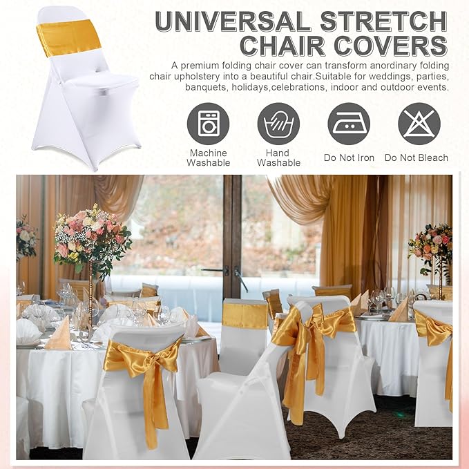 Lounsweer 50 Pcs Folding Chair Cover Set with 25 Stretch Spandex Slipcovers 25 Satin Chair Sashes Bows Ribbon Washable Banquet Protector for Wedding Event Party(White, Gold)
