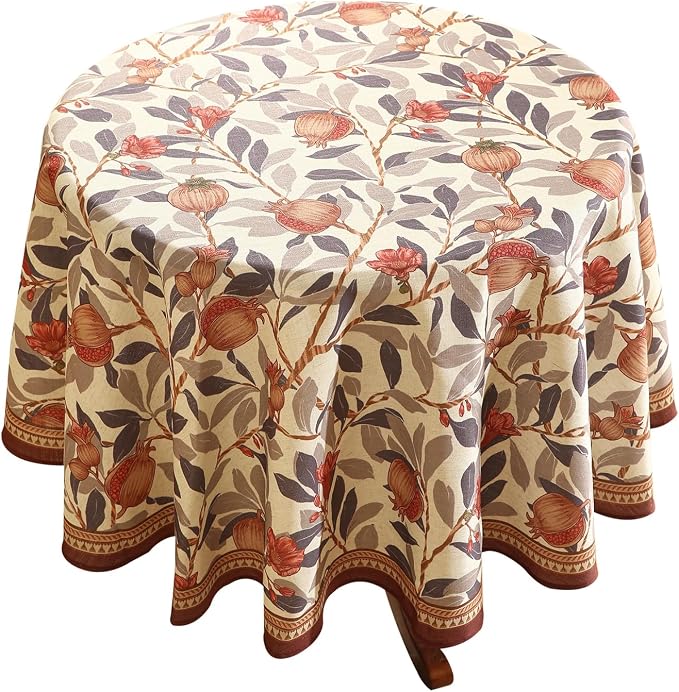 patdrea Vintage French Linen Tablecloth,Round,Diameter 55" | Elegant Beautiful Table Cloth for Round Table,Natural Floral Block Print,for Dining Room Tea Party Thanksgiving