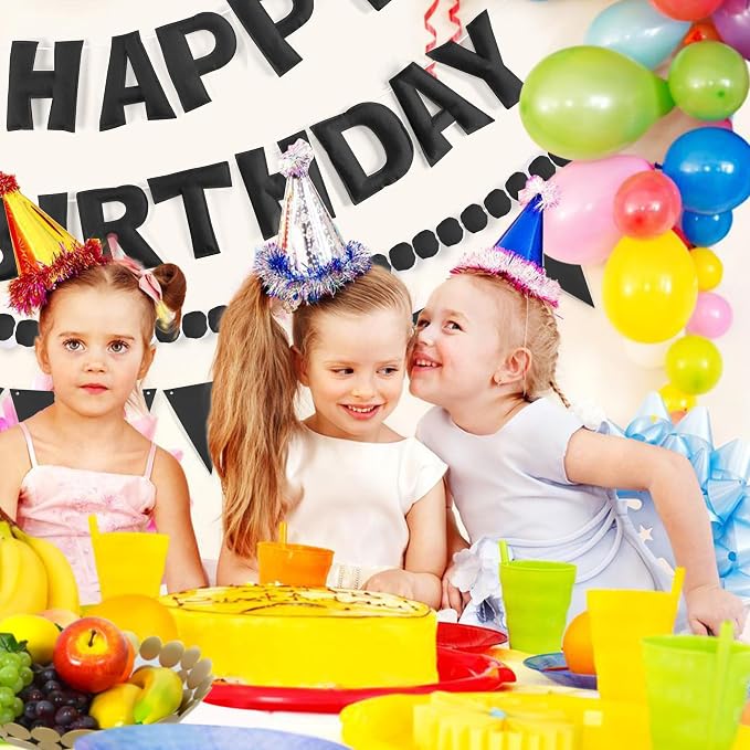 CANREVEL Pre-Strung 3D Rainbow Happy Birthday Banner, 3 PCS Happy Birthday Felt Sign, Pom Pom Garland, Triangle Fabric Bunting, Colorful Reusable Birthday Decorations for Women Men Girls Boys, Black