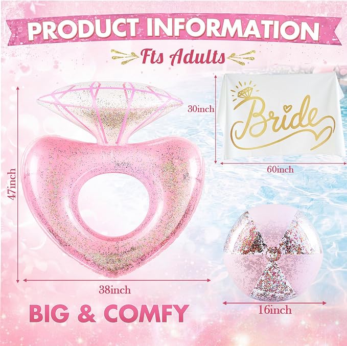 Realspring 3 Pcs Bachelorette Pool Float Set for Bride to Be Gifts Inflatable Glitter Heart Shaped Diamond Ring Float with Bridal Towel & Beach Ball for Bridal Shower Pool Party Decorations
