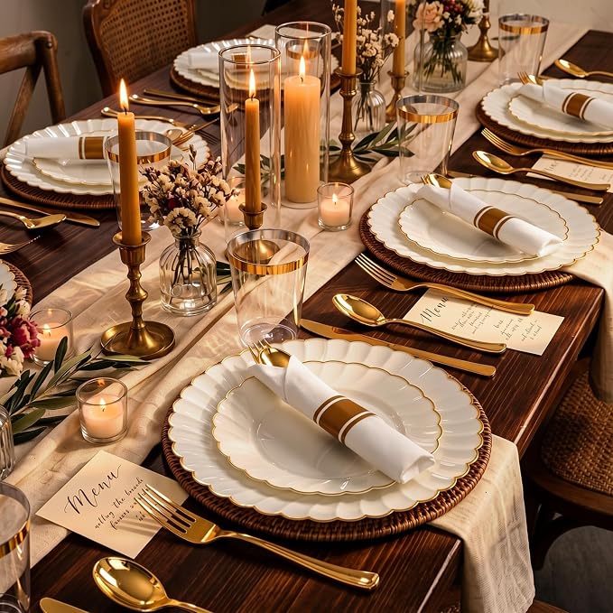 YOUBET 350PCS Ivory Scalloped Plastic Plates - Ivory and Gold Disposable Dinnerware Set Include 100 Plates, 150 Gold Silverware, 50 Cups, 50 Napkins for Wedding & Party