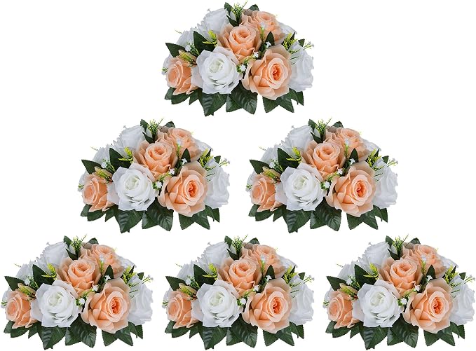 BLOSMON Rose Flower Balls Centerpieces: 6pcs Peach Fuzz Artificial Flowers | 9.5 Inch Fake Rose Floral Arrangements for Wedding Table - Faux Silk Kissing Bouquet with Base Party DIY Decorations