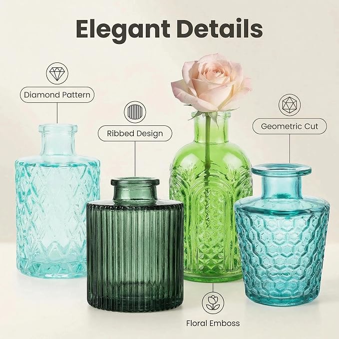 32 PCS Assorted Vintage Bud Vases, Colorful Glass Small Vases Bulk, for Centerpieces, Wedding Table Decor, Home Decorations & Gifts (Green Series)