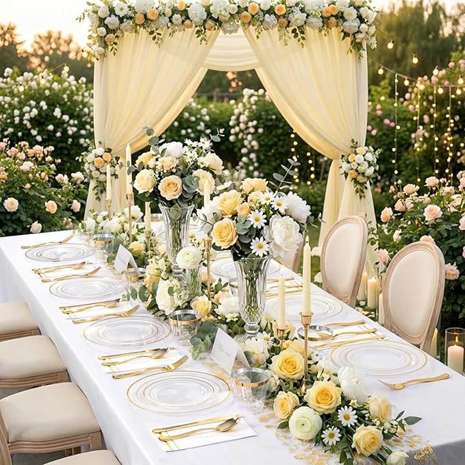 GATHER 350PCS Clear Gold Plastic Plates - Disposable Gold Dinnerware Sets Includes 100 Gold Rim Plastic Plates, 150 Silverware, 50 Napkins, 50 Cups for Party, Wedding