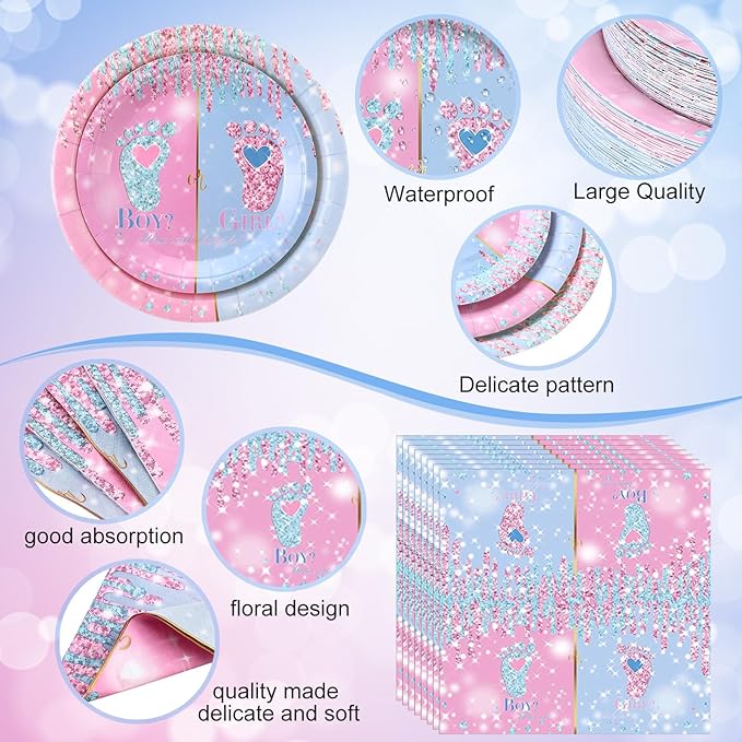 Funnymoom 452 Pcs Gender Reveal Party Decoration for 50 Guests, Boy or Girl Paper Plates and Napkins Cups Tablecloth Cutlery Disposable Tableware Set for Gender Reveal Party Supplies