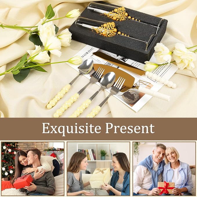 8 PCS Wedding Cake Knife and Champagne Flutes Server Set, Mr and Mrs Champagne Flutes with 2 Forks and Spoons, Bride and Groom Champagne Glasses for Wedding, Engaggement and Bridal Shower Gifts