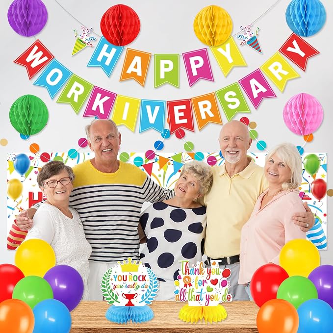Holkcog Happy Workiversary Decorations for Coworker, Colorful Happy Workiversary Banner Honeycomb Ornament and Balls、Colorful Balloons Decor Set for Work Anniversary Employee Office Party Supplies