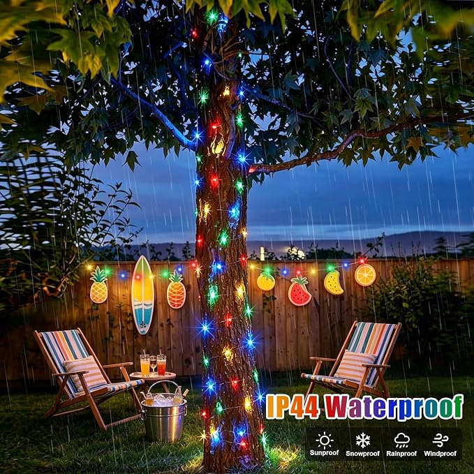 YEGUO 4 Pack Multicolor Solar Fairy Lights, Each 33ft 100 LED Christmas Lights Outdoor Waterproof, 8 Modes Sliver Wire Solar String Lights