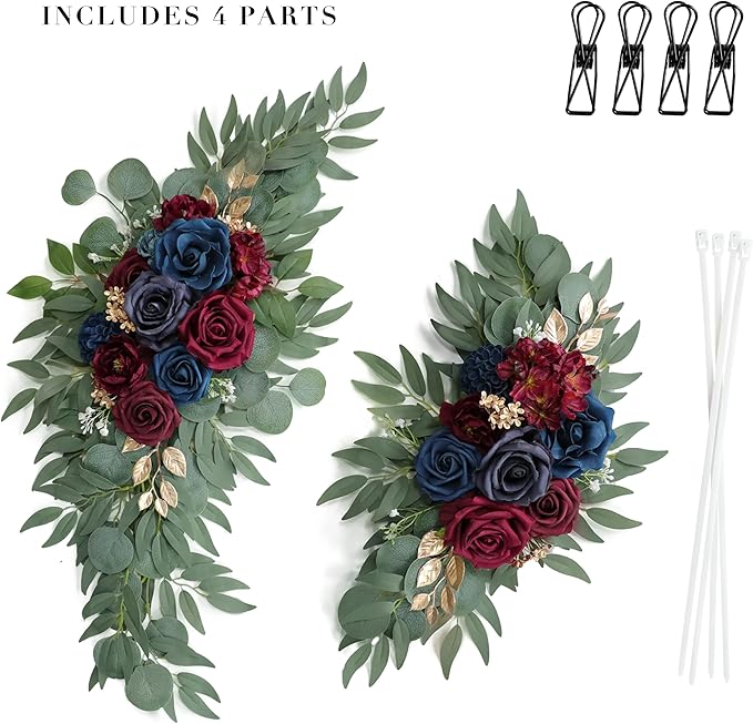 Artificial Navy Blue Wedding Arch Flower Swags Set of 2 for Wedding Welcome Signs Floral and Wedding Reception Ceremony Decorations, Burgundy Wedding Flowers Decor