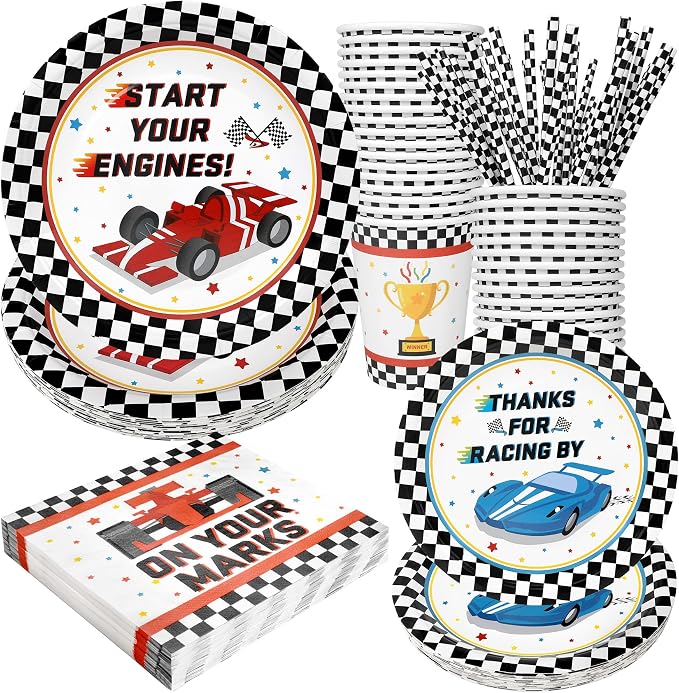 Recheel Racing Car Party Supplies Decorations, Checked Race Car Theme Birthday Paper Plates and Napkins Set with Cups and Straws for 24 Guests, 120 Pcs Disposable Party Dessert Dinnerwares