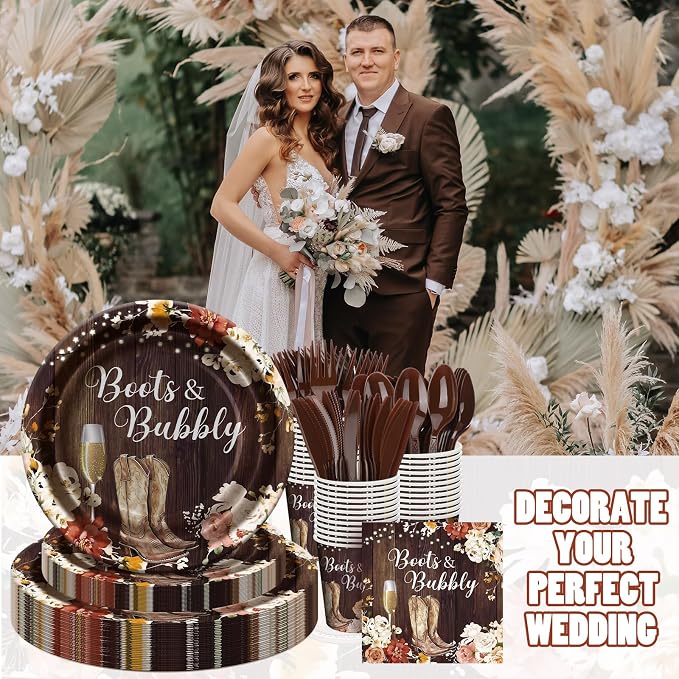 168 Pcs Boots and Bubbly Bridal Shower Decorations Rustic Brown Plates Western Country Bridal Shower Decorations Golden Champagne Party Favors Boots and Bubbly Tableware Set Serve 24