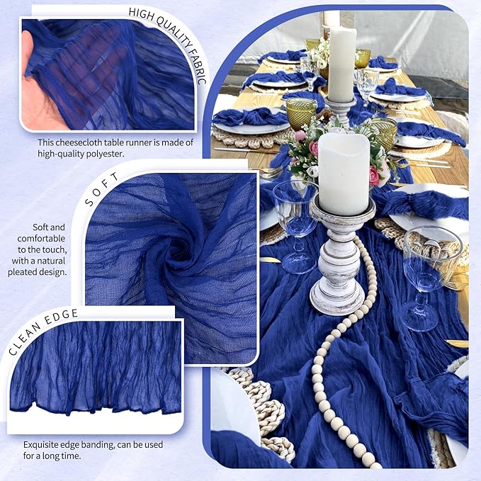 4 Pack Cheesecloth Table Runner 10FT Royal Blue Table Runner Boho Gauze Cheese Cloth Table Runners Long Rustic Sheer Table Decorations for Wedding Party Baby Bridal Shower Birthday Holiday Home