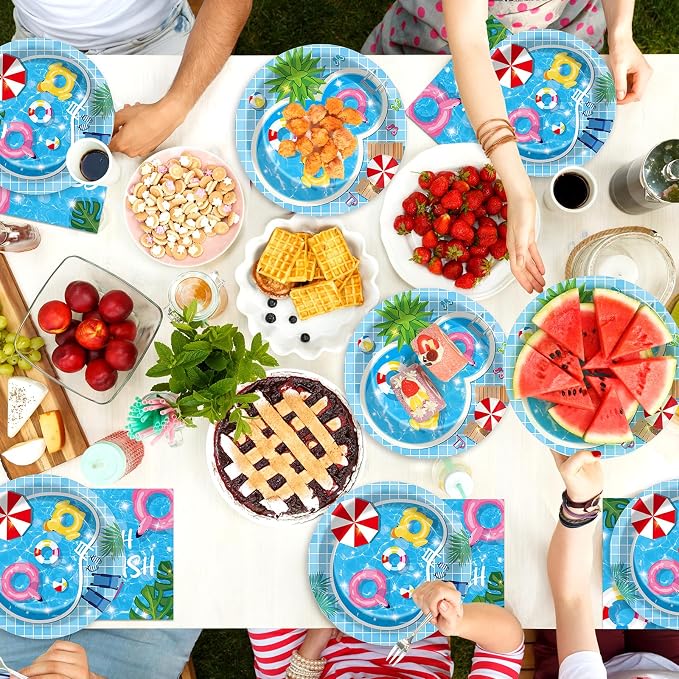 gisgfim 50 Guests Pool Party Supplies Summer Beach Plates and Napkins Forks Summer Pool Tableware Beach Ball Paper Disposable Plates for Splish Splash Birthday Baby Shower Party 200PCS