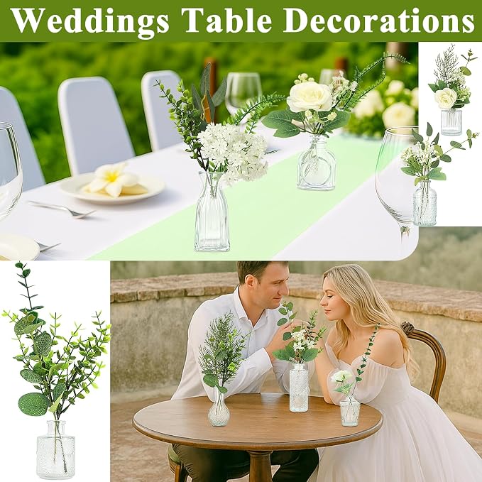 WARMALL Artificial Flowers with Vases, 16 Pcs Bud Vases, & 81 Pcs Artificial Plants DIY Set Suitable for Centerpieces Table Weddings Party Office and Indoor Decor Mini Small Glass Clear(White)