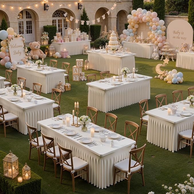 4 Pack Beige Spandex Tablecloths for 6 Foot Rectangle Tables, Wrinkle Free Stretchy Table Cloths 6ft Fitted Table Cover DeskSkirt for Weddings Birthday Party Banquet Baby Shower