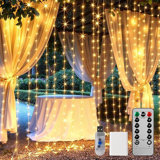Brightown 600 LED Curtain String Lights, 20 FT Hanging Fairy Lights with Remote, 8 Modes, Waterproof Window Lights for Bedroom Backdrop Wedding Outdoor Christmas Party, Warm White