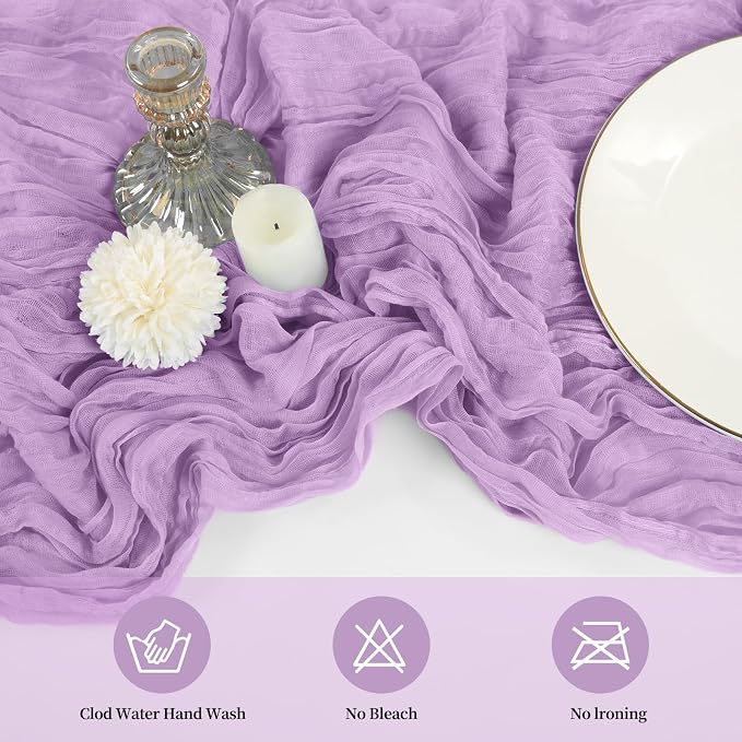 10 Pack Cheesecloth Table Runner 17 x 108 inch Long Boho Gauze Table Runners Semi Sheer Table Runner for Wedding Decor, Baby Shower, Birthday Party, Banquet (Lavender)