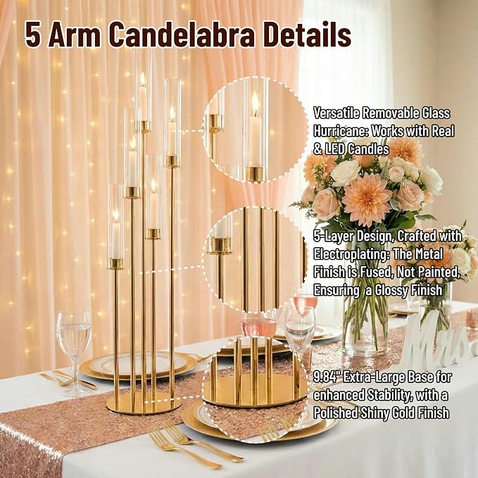 Gold Candelabra with Glass Cylinders for Real Candles 5 Arms Metal Candle Holder Wedding Event Party Home Decoration Centerpiece (2, L)