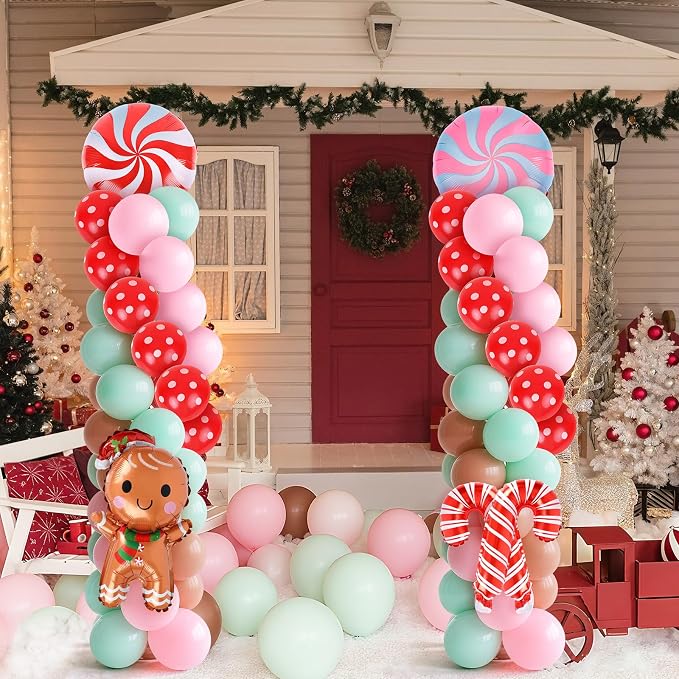 2 Sets Christmas Gingerbread Balloon Stand for Floor Adjustable Red Whilt Balloons Column Kit Set of 2 with Candy Crutch Balloons Tower Stand for Birthday Baby Shower Party Supplies