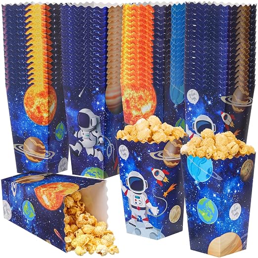 Honoson 48 Pcs Outer Space Popcorn Boxes 6 x 2.4 Inches Planet Galaxy Astronaut Popcorn Bucket Container Disposable Paper Food Trays Space Birthday Decorations for Movie Night Birthday Party Supplies