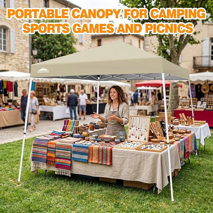 EAGLE PEAK 10x10 Slant Leg Pop-up Canopy Tent Easy One Person Setup Instant Outdoor Beach Canopy Folding Portable Sports Shelter 10x10 Base 8x8 Top (Light Beige)