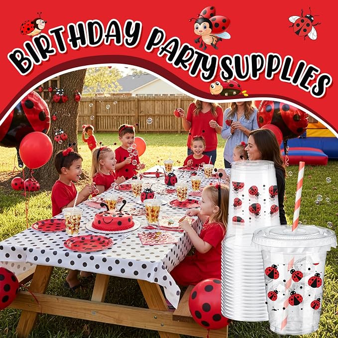 FoldTier 50 Pcs 12 oz Ladybug Disposable Plastic Cups with Straws, Lids and Leakproof Paper Clear Cups Birthday Party Supplies Birthday Table Decorations