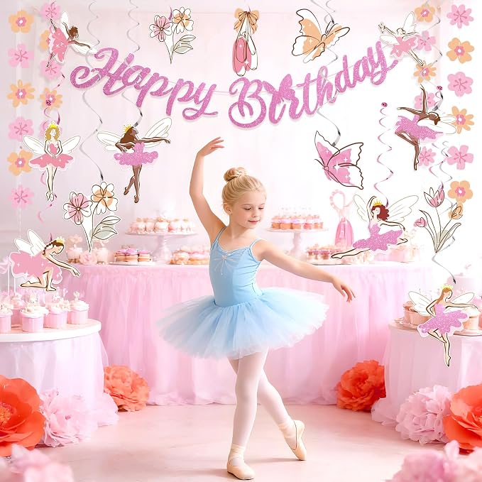 SUNBEAUTY Ballerina Birthday Party Decorations Pink Ballet Girls Happy Birthday Banners Ballet Themed Hanging Banner Flower Garland Wall Ceiling Decor for Girls Tutu Dance Party Supplies