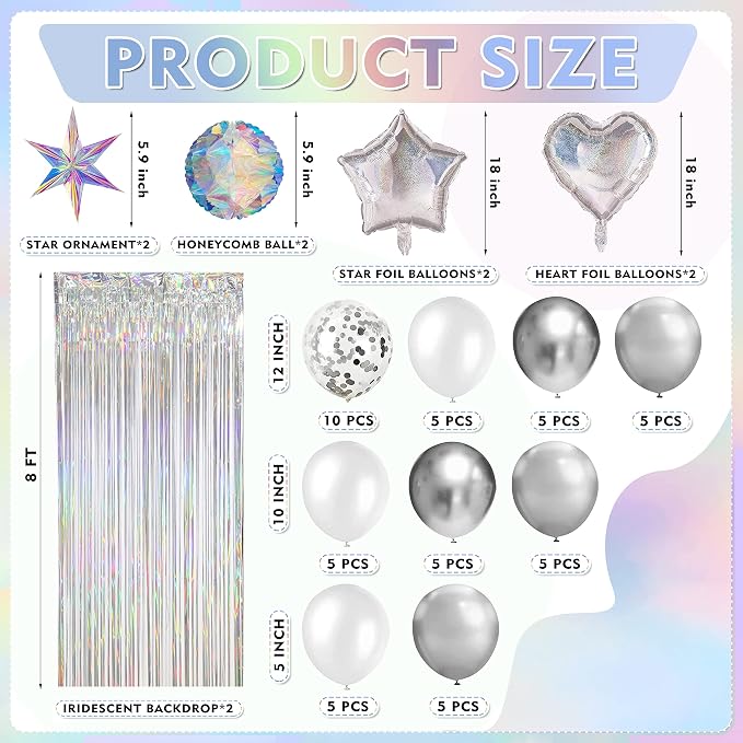 Iridescent Birthday Party Decoration Set 78Pcs, Disco Groovy 60s 70s Party Supplies Silver Party Decors include Disco Ball Banner Balloon Garland Arch Tablecloth Fringe Curtain Cake Topper Set