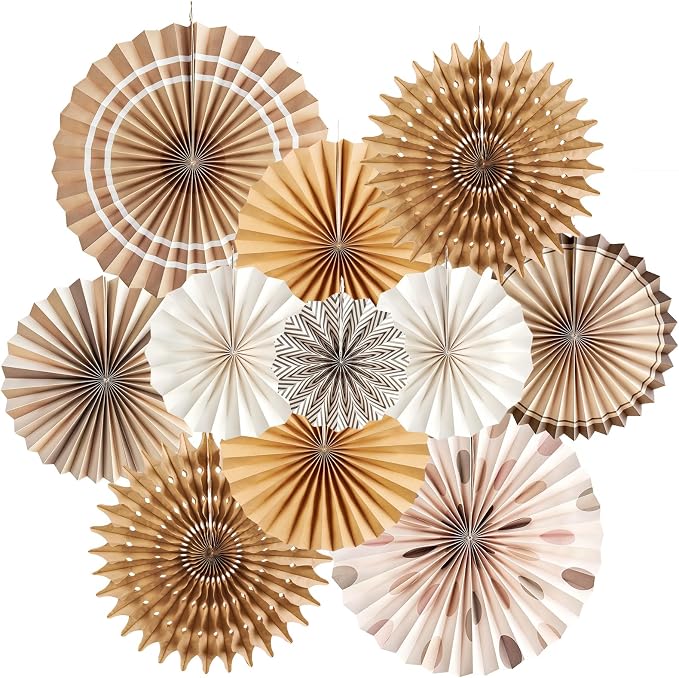 SUNBEAUTY 11 PCS Paper Fans Decorations Brown Party Decorations Natural Party Decorations Rustic Birthday Decorations Boho Party Decorations for Birthday Wedding Bridal Shower Baby Shower