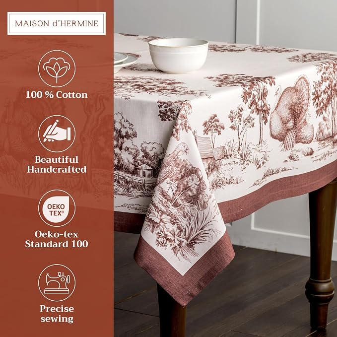 Maison d' Hermine Table Cloth Square Table 100% Cotton 60 x 60 Inches Fall Tablecloth Reusable Everyday Use for Thanksgiving Christmas Decorations Dining Farmhouse Party (Holy Jouy - Brown)