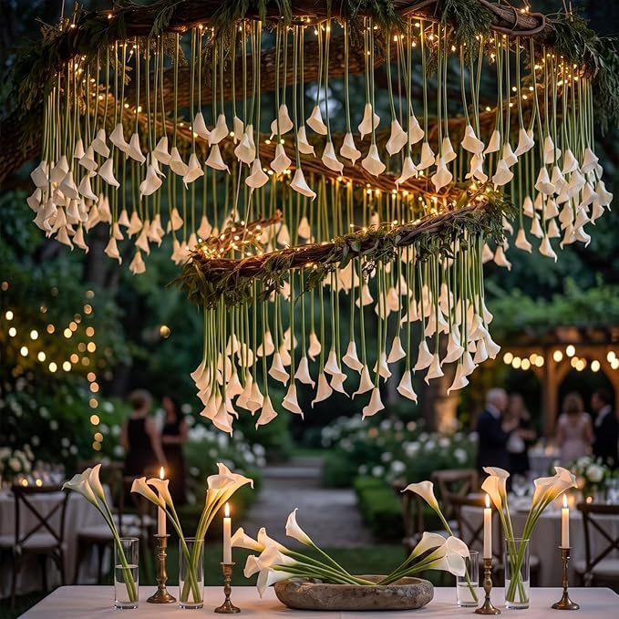 Lyrow 120 Pack Classic White Calla Lily Artificial Flower, Faux Calla Lily Hanging Flower, Ceiling Floating Garland Fake Floral Ornament for Wedding Arch Table Decor DIY Bouquet Bride Shower Tall Vase