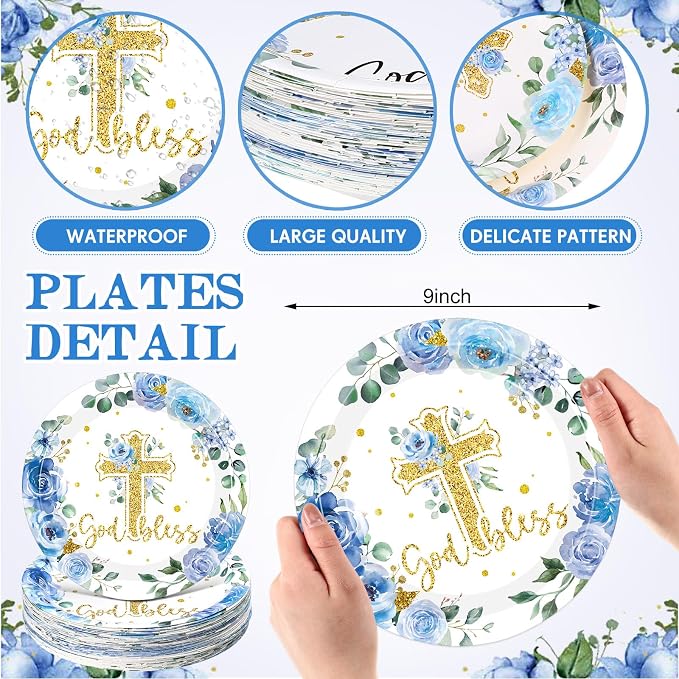 Funnymoom 60 Pcs Baptism Plates 9 Inch Blue God Bless Floral Plates Disposable Religious Party Decoration for First Communion Christening Celebration Baby Shower Religious Party Supplies