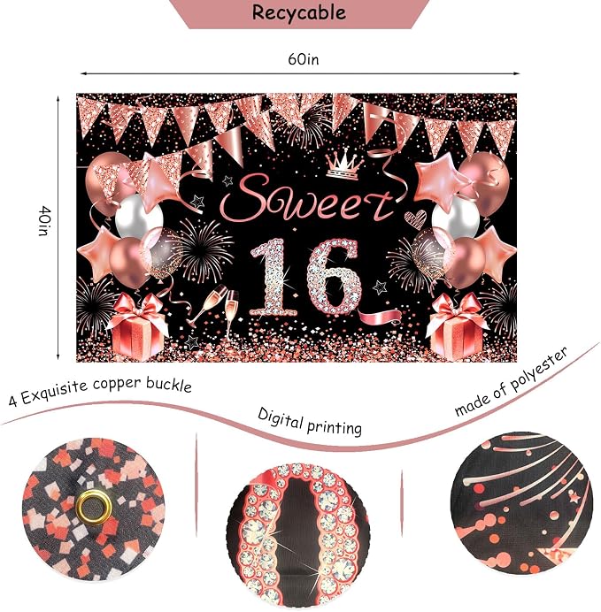Sweet 16 Party Decorations, Happy 16th Birthday Decorations for Girls, Black Rose Gold Sweet Sixteen Decor Include Sash and Crown, Balloons, Banner, Backdrop, Cake Topper & 6pcs Paper Pom Poms