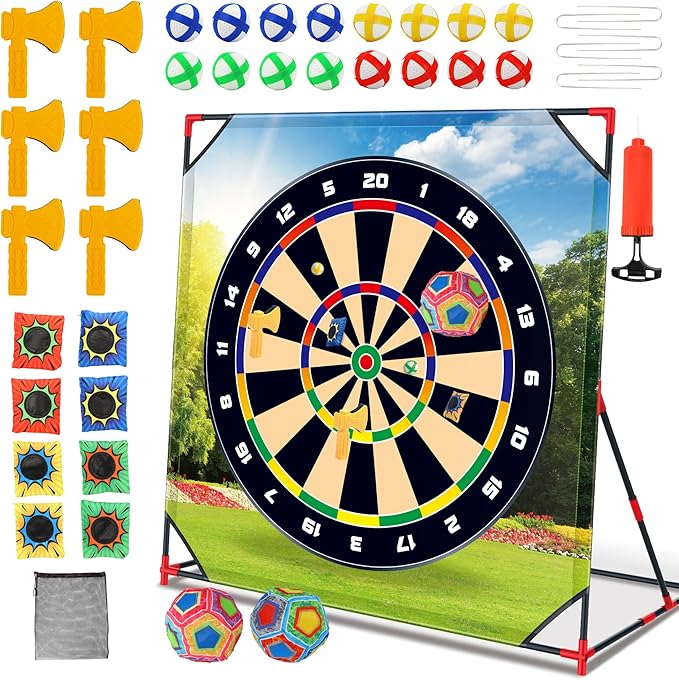 Vitality Sports 4-in-1 Sport Game with Stand - Golf Target Battle Games with Putting Mat, 12 Sticky Balls, 6 Axes, 2 Soccer Balls, 8 Bean Bags, Axe Throwing Game for Backyard
