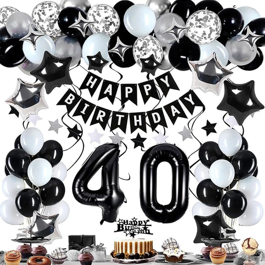 40th Birthday Decorations for Men Women, Black White and Silver Happy 40 Party Decor Set with 40 Number Foil Balloons, Banner, Cake Topper for Him Her