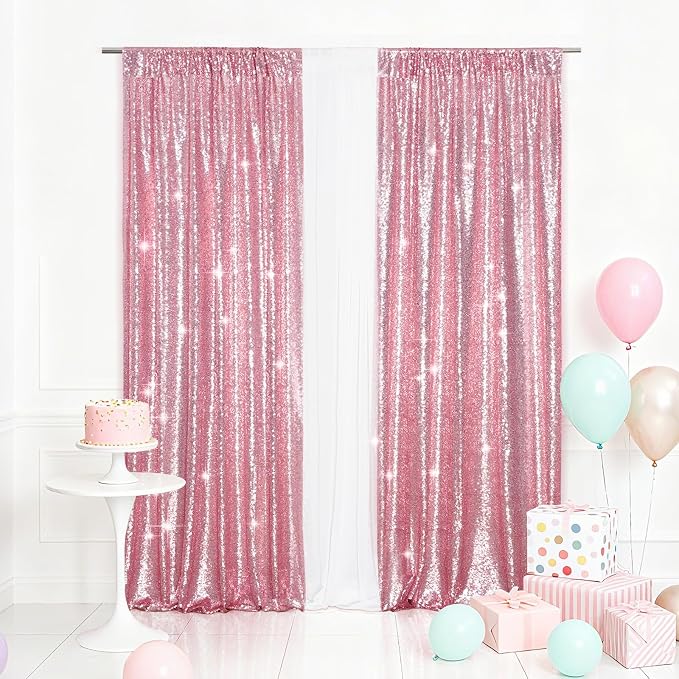 Eternal Beauty Sequin Backdrop Curtains, 2x8 Ft-2 Panels Fuchsia Pink Back Drop for Mother's Day Shimmer Photography Party Wedding Birthday Decor