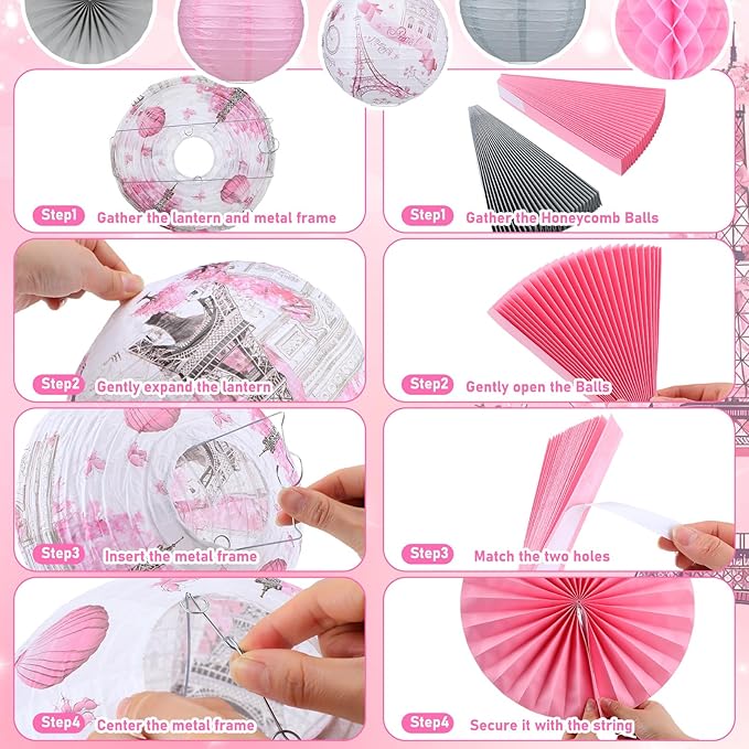 Retisee 18 Pcs Paris Party Decorations Eiffel Tower Theme Hanging Paper Lanterns Pink Grey Honeycomb Fans Honeycomb Ball for European City Landscape Pink Theme Party Birthday Ceiling Decor Supplies