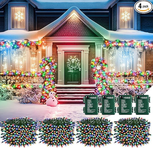 Brightown Christmas Lights Outdoor Battery Operated, 4 Pack Total 66FT 200 LED Battery Powered Fairy Lights with Timer,8 Modes,Waterproof Christmas String Lights for Outside Indoor Bedroom, Multicolor