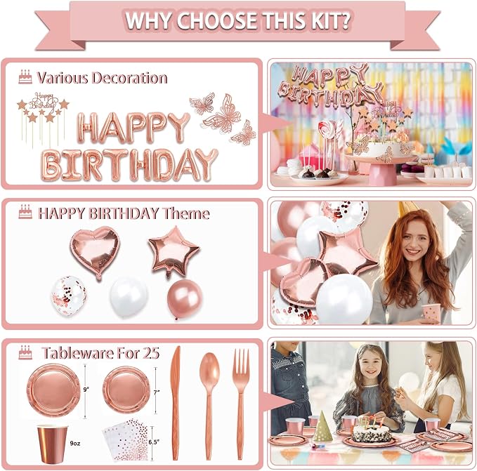 Guudmua 285 Pcs Rose Gold Party Decorations, Birthday Decorations For Women Or Girl - Knives, Forks and Spoons, Tiara, Butterfly, Sash, Paper Pom Poms, Balloon Stand, Tableware For 25 Guests
