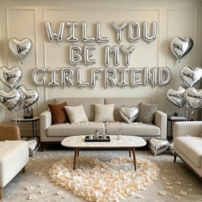 2 Set Silver Will You Be My Girlfriend Balloons - 42pcs 16" Letter Balloon 1200pcs Cream White Artificial Rose Petals 10pcs 18" Heart Balloons Alphabet Foil Balloon for Valentines Day Decorations