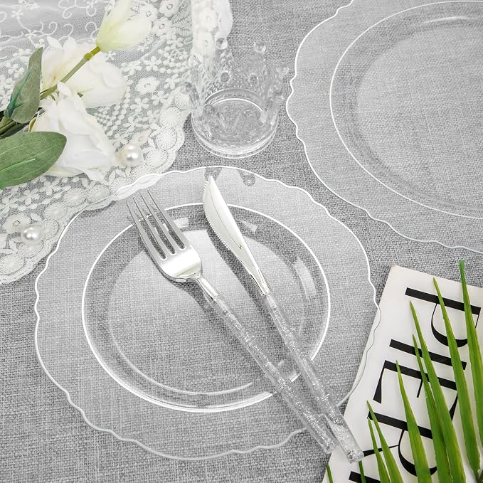 Liacere 150PCS Clear Silver Plastic Plates & Disposable Silver Plastic Silverware with Glitter Bamboo Handle Cutlery-Baroque Clear Disposable Plates for Wedding & Party